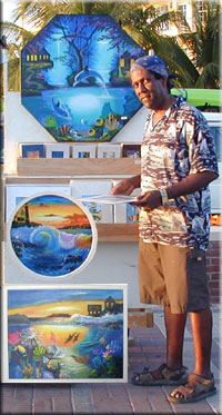 Artist Ray Rolston Posing with his Tropical Acrylic Paintings at Sunset Celebration, Key West, Florida